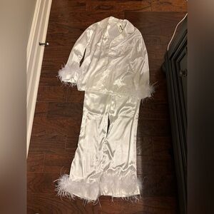 White Satin Pajama Set with Feather Trim